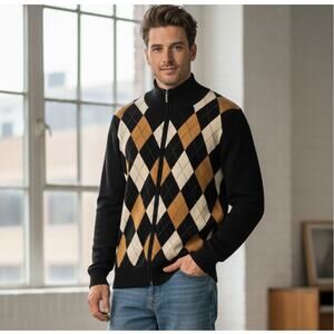 New Sensation Vintage Argyle Sweater Mens XL Black Wool Cashmere Zip Cardigan